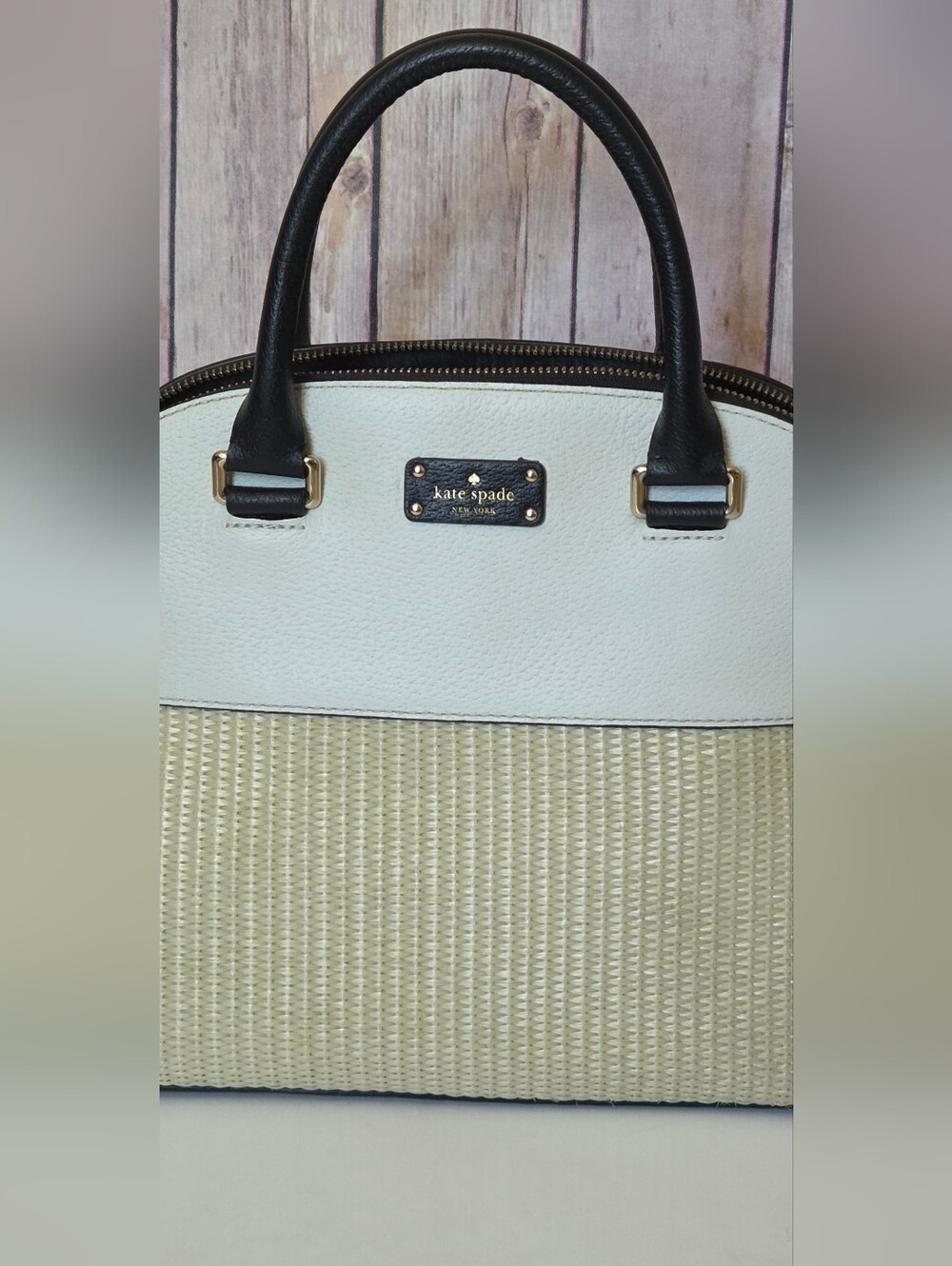 kate spade Cream & Black Dome Satchel with Woven Base - Picture 2 of 16